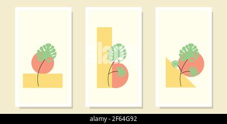 Botanical wall art vector set. Tropical Foliage line art drawing with abstract shape. for wall art, wallpaper, Minimal and natural. Vector illustratio Stock Vector
