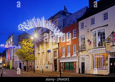 UK, South Yorkshire, Doncaster, Mansion House and High Street buildings with Christmas Illuminations. Stock Photo