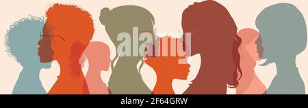 Businesswomen of diverse cultures social network community. Silhouette group of multiethnic women who talk and share ideas and information. Community Stock Vector