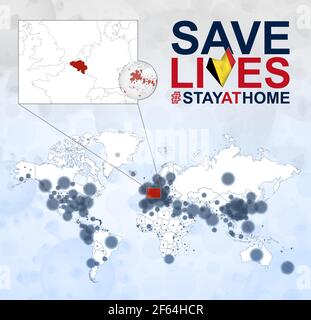 World Map with cases of Coronavirus focus on Belgium, COVID-19 disease in Belgium. Slogan Save Lives with flag of Belgium. Vector template. Stock Vector
