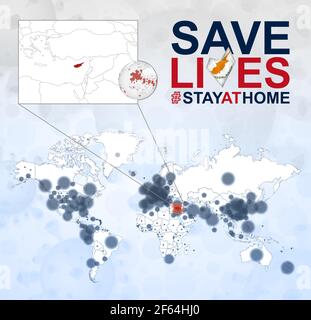 World Map with cases of Coronavirus focus on Cyprus, COVID-19 disease in Cyprus. Slogan Save Lives with flag of Cyprus. Vector template. Stock Vector