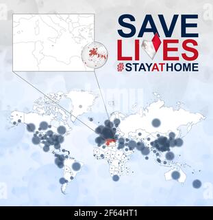 World Map with cases of Coronavirus focus on Malta, COVID-19 disease in Malta. Slogan Save Lives with flag of Malta. Vector template. Stock Vector