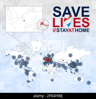 World Map with cases of Coronavirus focus on Luxembourg, COVID-19 disease in Luxembourg. Slogan Save Lives with flag of Luxembourg. Vector template. Stock Vector