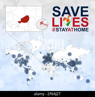 World Map with cases of Coronavirus focus on Niger, COVID-19 disease in Niger. Slogan Save Lives with flag of Niger. Vector template. Stock Vector