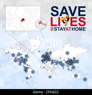 World Map with cases of Coronavirus focus on Uganda, COVID-19 disease in Uganda. Slogan Save Lives with flag of Uganda. Vector template. Stock Vector