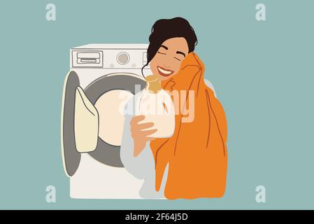 A pretty woman smiling and hugging a gentle scarf after softener and holding a bottle of detergent on washing machine background. Housewife doing routine. Flat style. Vector illustration Stock Vector