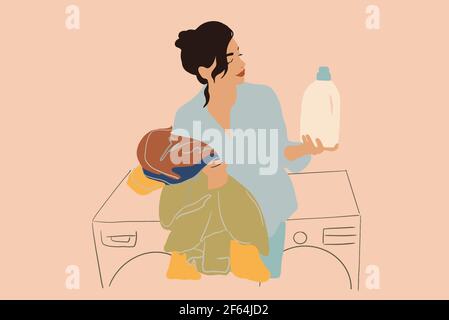 A pretty woman looking on detergent in big white bottle and holding colored clothes on laundry background. Housewife doing routine. Flat style. Vector illustration Stock Vector