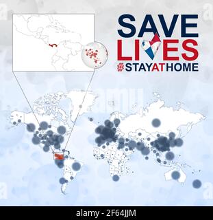 World Map with cases of Coronavirus focus on Panama, COVID-19 disease in Panama. Slogan Save Lives with flag of Panama. Vector template. Stock Vector