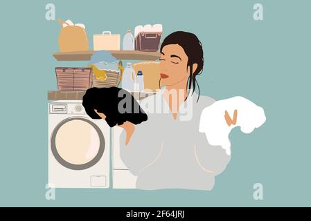 A pretty woman thinking how to wash white and black clothes on laundry background. Housewife doing routine. Flat style. Vector illustration Stock Vector