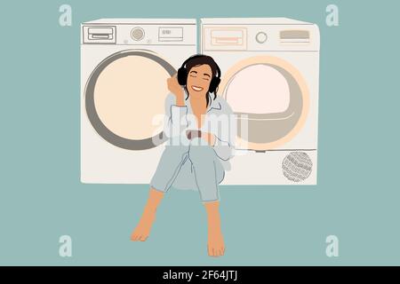 A pretty woman listens to music on headphones while waiting for the washing machine to finish. Housewife doing routine. Flat style. Vector illustration Stock Vector