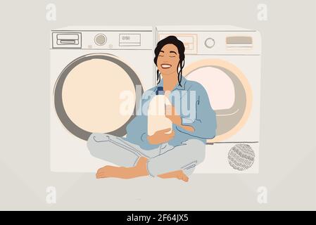 A pretty woman smiling and holding detergent in big white bottle on laundry background. Housewife doing routine. Washing and drying machine. Flat style. Vector illustration Stock Vector