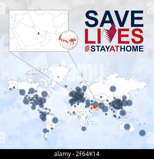World Map with cases of Coronavirus focus on Qatar, COVID-19 disease in Qatar. Slogan Save Lives with flag of Qatar. Vector template. Stock Vector