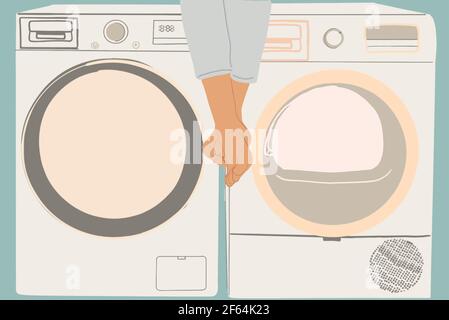 Washing and drying machine in laundry. Women's legs hang over washing machines. Flat style. Vector illustration Stock Vector