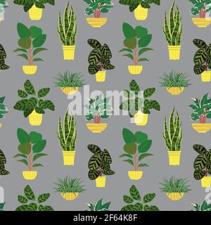 Seamless pattern with potted tropical house plants in colorful flower pots Stock Vector