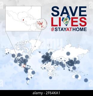 World Map with cases of Coronavirus focus on Belize, COVID-19 disease in Belize. Slogan Save Lives with flag of Belize. Vector template. Stock Vector