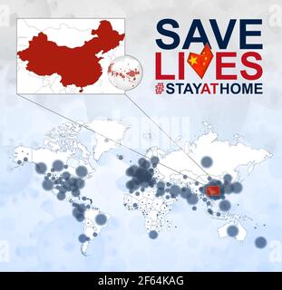 World Map with cases of Coronavirus focus on China, COVID-19 disease in China. Slogan Save Lives with flag of China. Vector template. Stock Vector