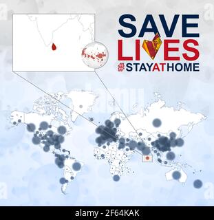 World Map with cases of Coronavirus focus on Sri Lanka, COVID-19 disease in Sri Lanka. Slogan Save Lives with flag of Sri Lanka. Vector template. Stock Vector