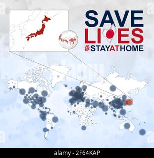 World Map with cases of Coronavirus focus on Japan, COVID-19 disease in Japan. Slogan Save Lives with flag of Japan. Vector template. Stock Vector