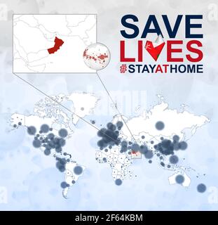 World Map with cases of Coronavirus focus on Oman, COVID-19 disease in Oman. Slogan Save Lives with flag of Oman. Vector template. Stock Vector