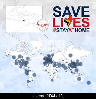 World Map with cases of Coronavirus focus on East Timor, COVID-19 disease in East Timor. Slogan Save Lives with flag of East Timor. Vector template. Stock Vector