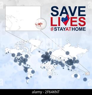 World Map with cases of Coronavirus focus on Samoa, COVID-19 disease in Samoa. Slogan Save Lives with flag of Samoa. Vector template. Stock Vector