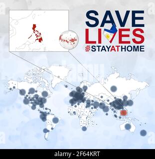 World Map with cases of Coronavirus focus on Philippines, COVID-19 disease in Philippines. Slogan Save Lives with flag of Philippines. Vector template Stock Vector