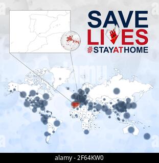 World Map with cases of Coronavirus focus on Gibraltar, COVID-19 disease in Gibraltar. Slogan Save Lives with flag of Gibraltar. Vector template. Stock Vector