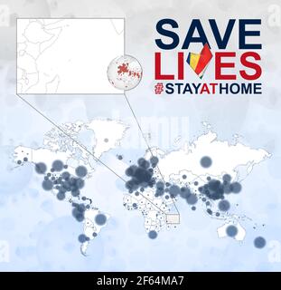 World Map with cases of Coronavirus focus on Seychelles, COVID-19 disease in Seychelles. Slogan Save Lives with flag of Seychelles. Vector template. Stock Vector