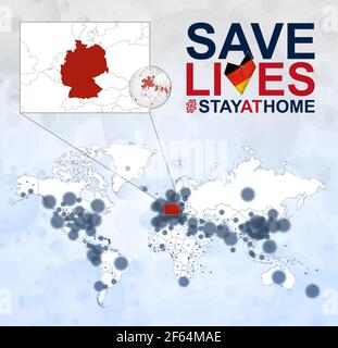 World Map with cases of Coronavirus focus on Germany, COVID-19 disease in Germany. Slogan Save Lives with flag of Germany. Vector template. Stock Vector