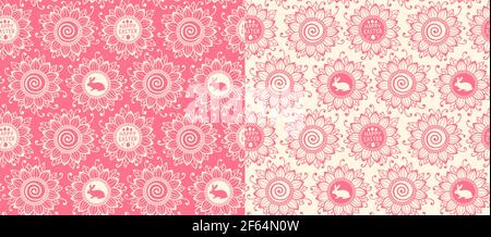Pink Sunflowers and Bunny, Easter eggs seamless pattern. Vector illustration for wrapping paper, fabric,cloth Stock Vector