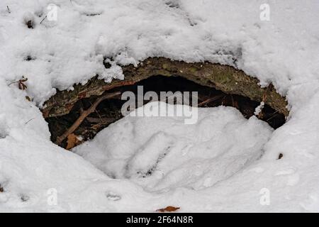 Snow covered surface with hole in concrete structure Stock Photo