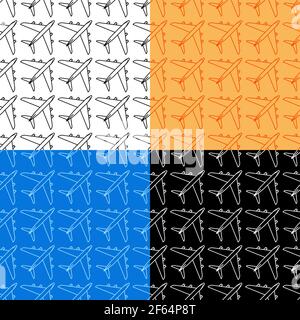 set of seamless patterns with civil aircraft icon. Airplane symbol for website. Ornament for decoration and printing on fabric. Design element. Vector Stock Vector