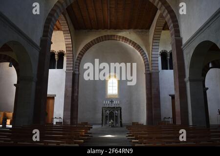 The Abbey Church of St Mary and Mark in Reichenau Mittelzel. View from the nave of the west transept and the altar of St Mark in front of the apse. Stock Photo