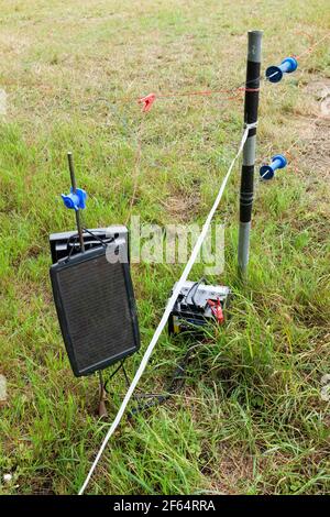 Solar powered electric fencing. Solar power trickle feeds a 12 v battery. Environmentally-friendly powering an electric fence. Solar energiser. Stock Photo