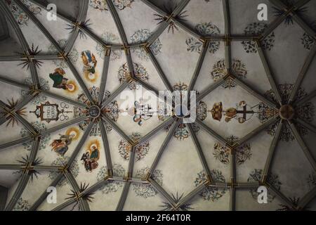 The Abbey Church of St Mary and Mark in Reichenau Mittelzel. The artistic patterns on the vaulted ceiling. Stock Photo