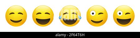 Set of vector yellow happy smiling emoticon with squinting eyes, winking and smiling emoticon with tears of joy on white background. Glossy funny cart Stock Vector