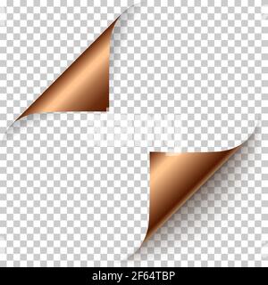 Vector realistic bronze foil paper corners set with soft shadow on transparent background. 3D page corner curled. Rolles blank of paper. Design elemen Stock Vector