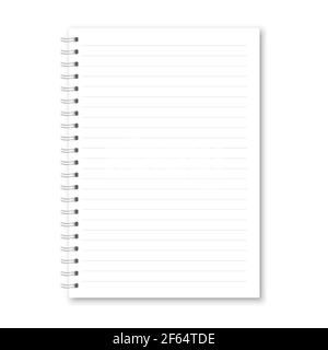 Vector realistic opened notebook. Vertical white metallic white spiral bound blank notebook, copybook horizontal lined. Template mock up of organizer Stock Vector