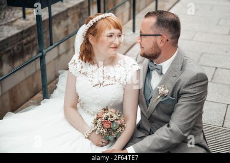 Bridal couple looking at each other Stock Photo
