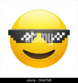 Vector yellow smiling emoticon with thug life pixel glasses on white background. Glossy funny cartoon Emoji icon. 3D illustration for chat or message. Stock Vector