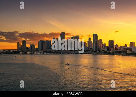 Sunset above Downtown Miami Skyline and Biscayne Bay Stock Photo