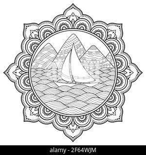 Doodle pattern in black and white. Landscape - mountains, rivers, hills, sea, boat, yacht, shore, sail, wave, ocean - coloring book for children. Circ Stock Photo