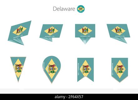 Delaware US State flag collection, eight versions of Delaware vector flags. Vector illustration. Stock Vector