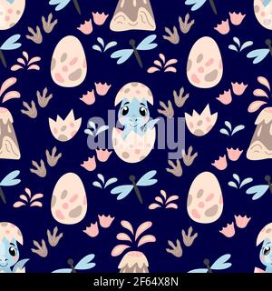 Seamless pattern with a cute little dino and eggs Stock Vector