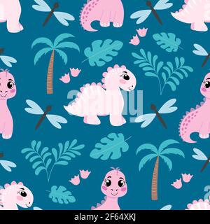 Seamless pattern with a cute pink dinosaur, leaves Stock Vector