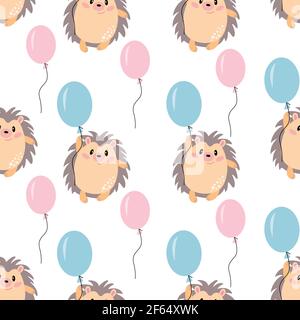 Seamless pattern with a cute hedgehog with ballons Stock Vector