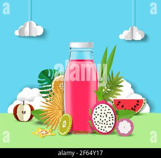 Multifruit juice advertising poster design template. Healthy exotic fruit beverage ads, vector paper cut illustration. Stock Vector