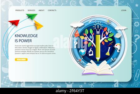 Education landing page design, website banner template. Vector illustration in paper art style. Stock Vector