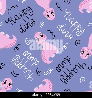 Seamless pattern with a cute dinosaur, lettering Stock Vector
