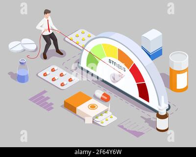 Isometric antidepressant drugs. Man turning mood meter arrow back, vector illustration. Stress, depression treatment. Stock Vector